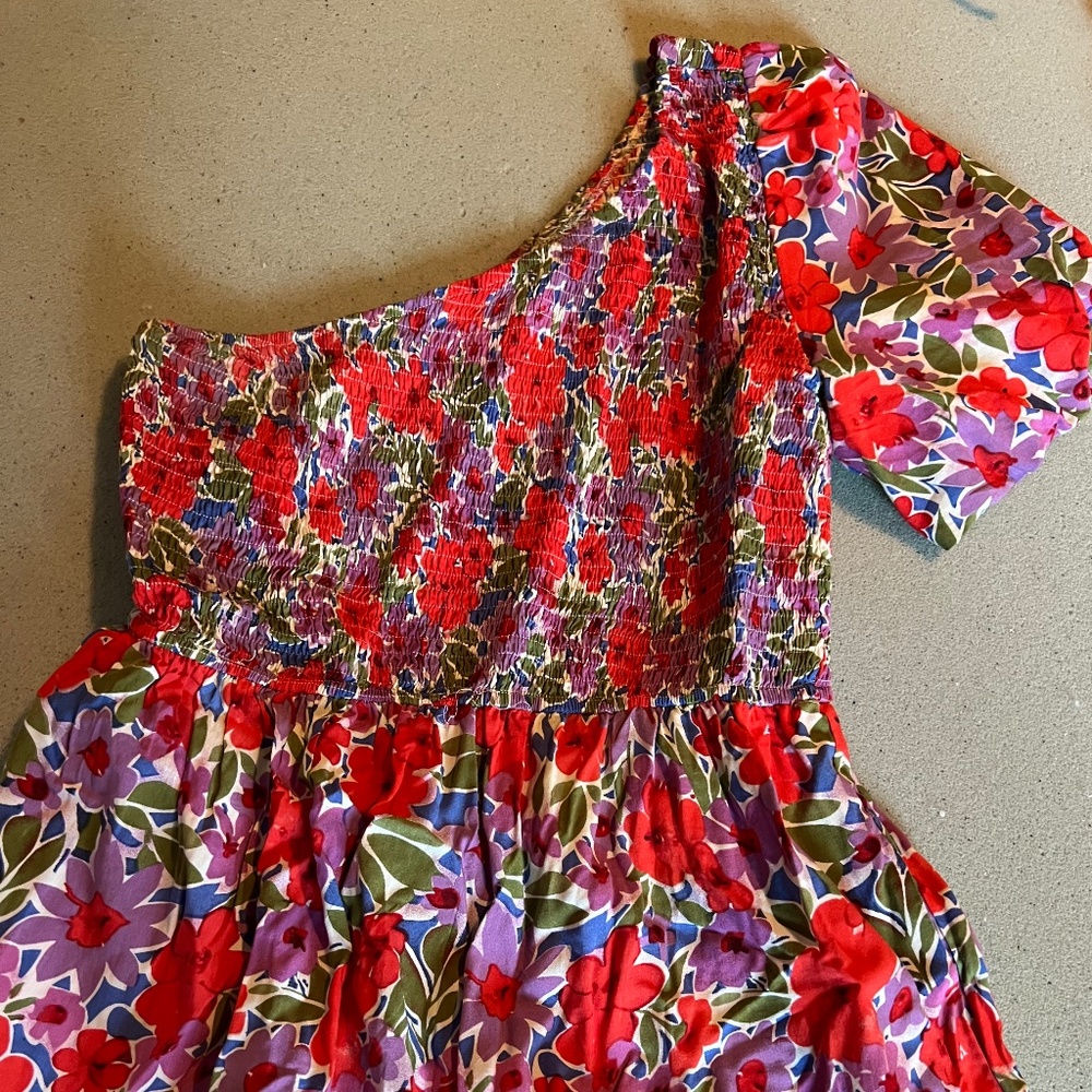 Smocked one shoulder floral maxi dress